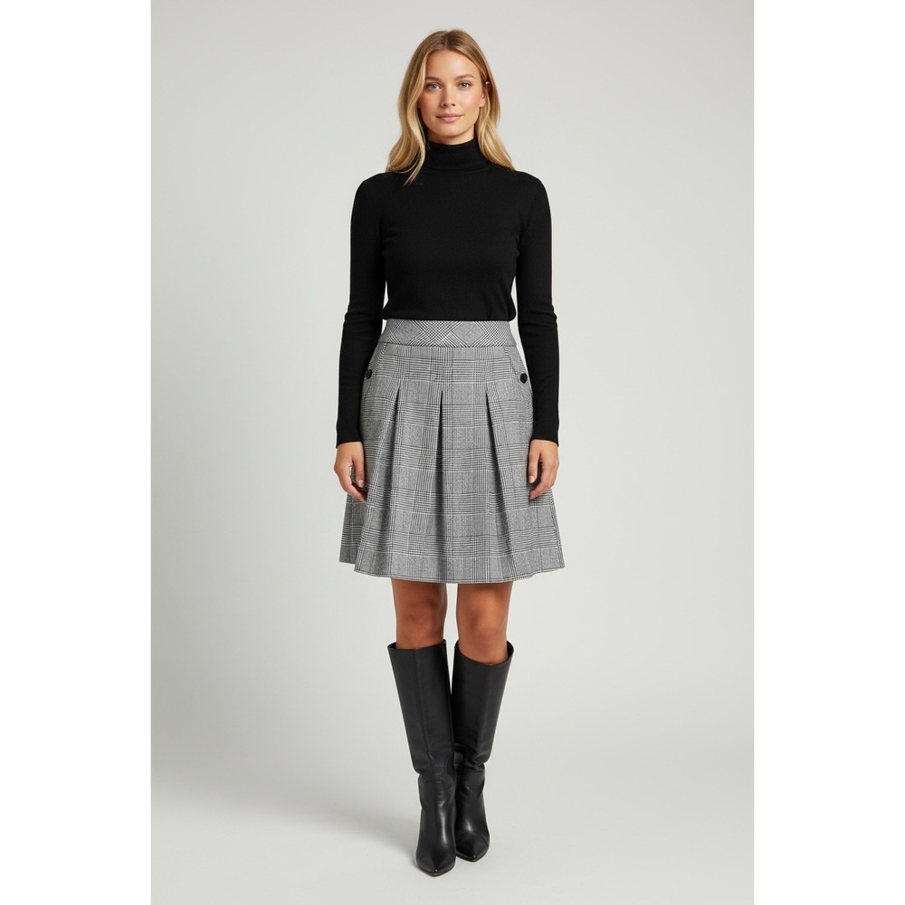 Nine West Black White Size 8 Glen Plaid Pleated A-Line Skirt Professional Skirts